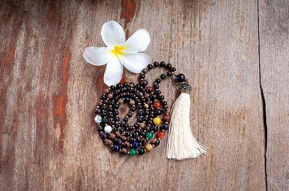 Tiger Ebony and Full Chakra 7th Chakra Tassel Mala 1